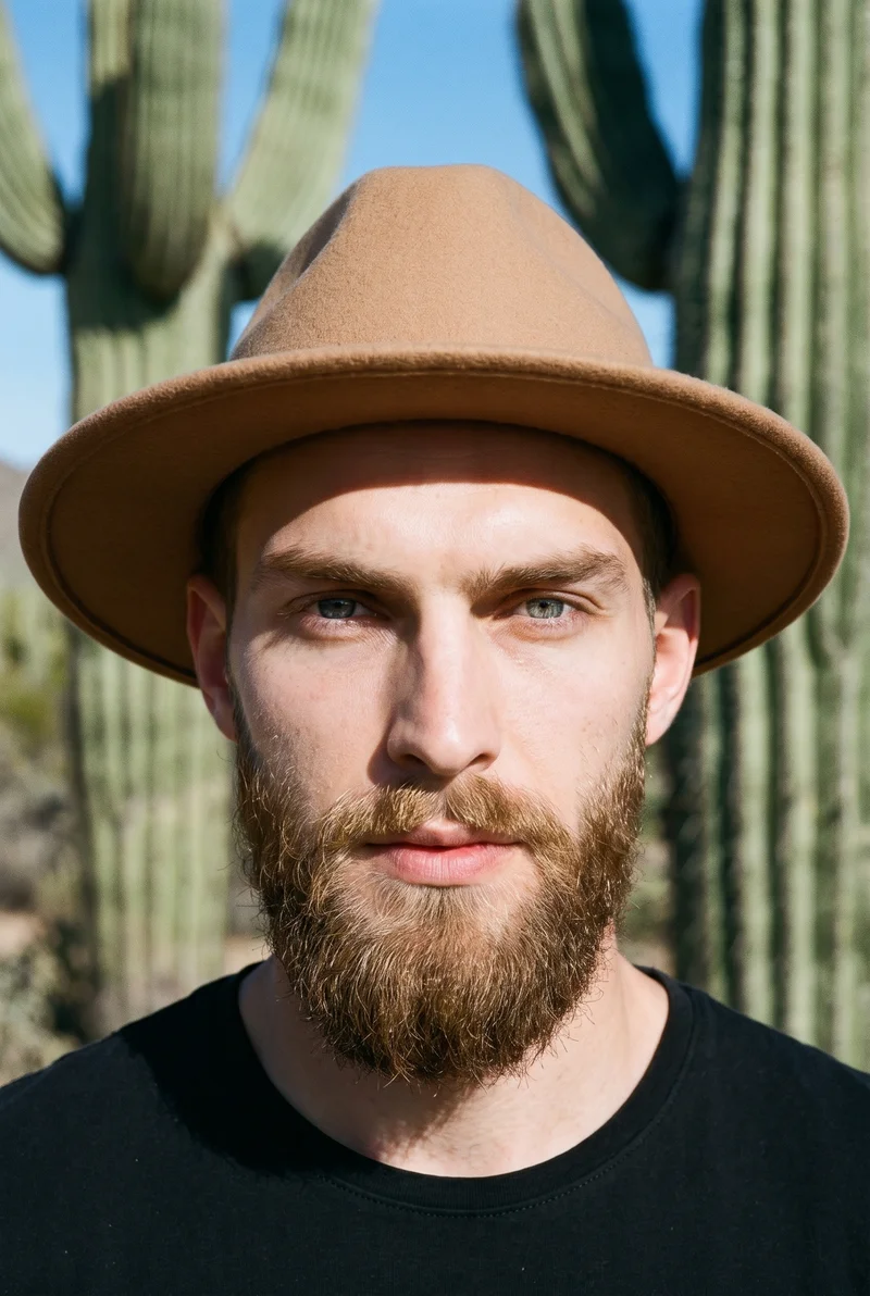Men's Camel Felt Fedora, Head at Front, Flash Editorial lighting