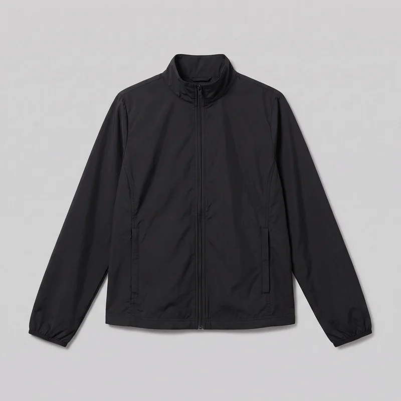 A women's black track jacket is shown laid flat in a standalone front view. It has a stand collar, long set-in sleeves with gathered elastic cuffs, a full-length center-front zipper, vertical front panel seams, two lower welt-style hand pockets, and a straight stitched hem. No logos, prints, patches, embroidery, or embellishments are visible.