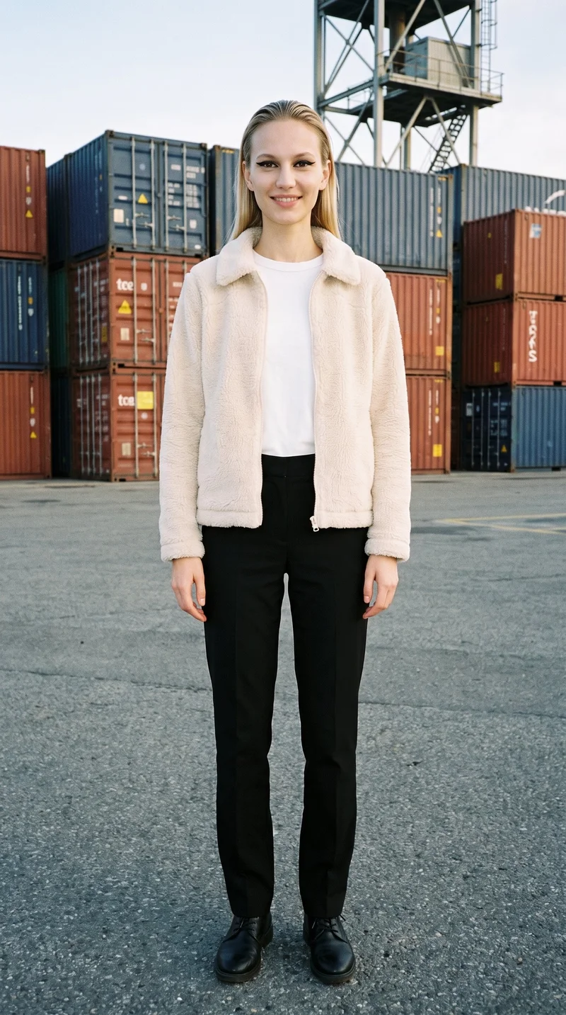 A 22-year-old Slavic woman stands straight in a full-body front view, smiling while wearing a women's cream sherpa fleece jacket. Shipping containers form the backdrop.