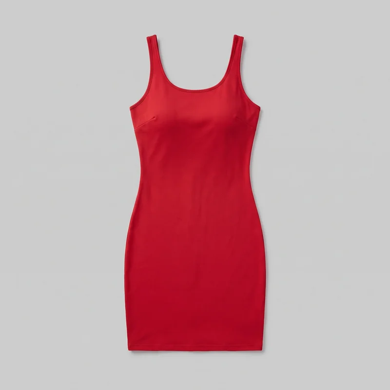 A red women's sleeveless bodycon mini dress is shown in a mostly complete front view against a plain backdrop. It has wide tank-style shoulder straps, a rounded scoop neckline, deep sleeveless armholes, a close figure-skimming silhouette, angled bust seams for shaping, and a straight short hem. Narrow bound edges and visible topstitching detail the neckline, armholes, straps, and hem.