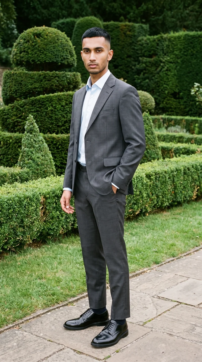 A 21-year-old Indian man wears a men's charcoal grey suit in a full-body view from the front three-quarter angle. He stands in a relaxed pose with a serious expression, against a topiary garden backdrop.