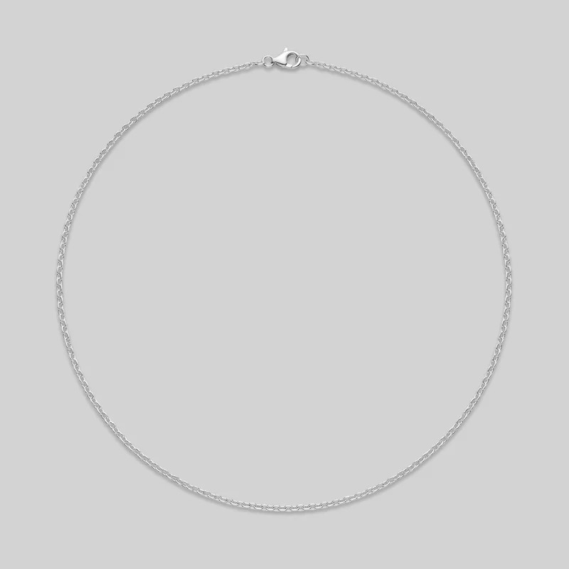 A complete plain silver chain necklace is laid out in an open loop. Small, uniform oval links run along the chain, with a lobster clasp and circular connector rings visible at the top; no pendant, charms, beads, logo, engraving, or other embellishment is shown.