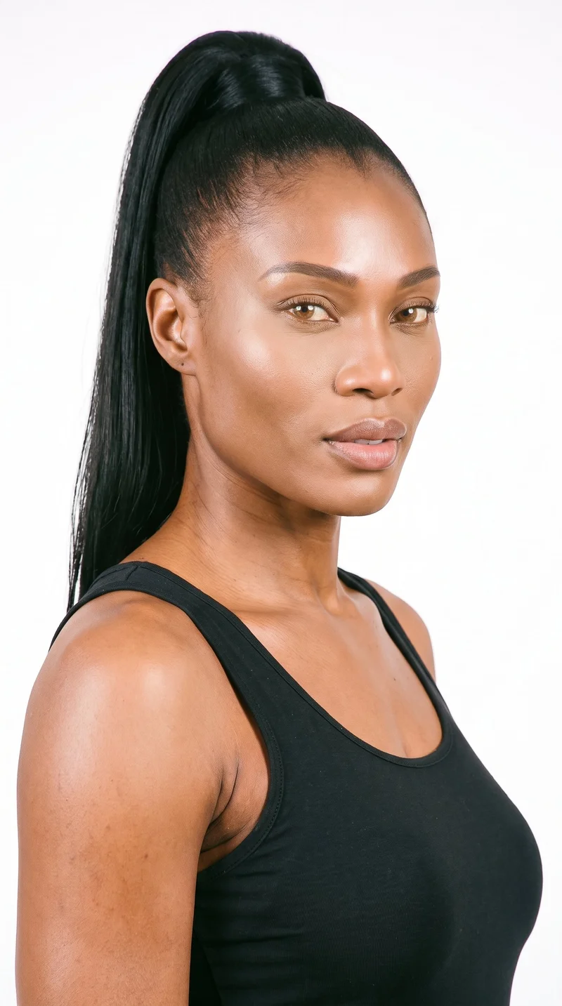 A 38-year-old African woman with golden-brown skin and a red-copper undertone. Her square face has a broad forehead and a strong, defined jaw, creating an angular, structured appearance. She has medium-thickness eyebrows, amber eyes with a golden glow, and very full lips. Her deep black hair is pulled into a high ponytail on the crown of her head.