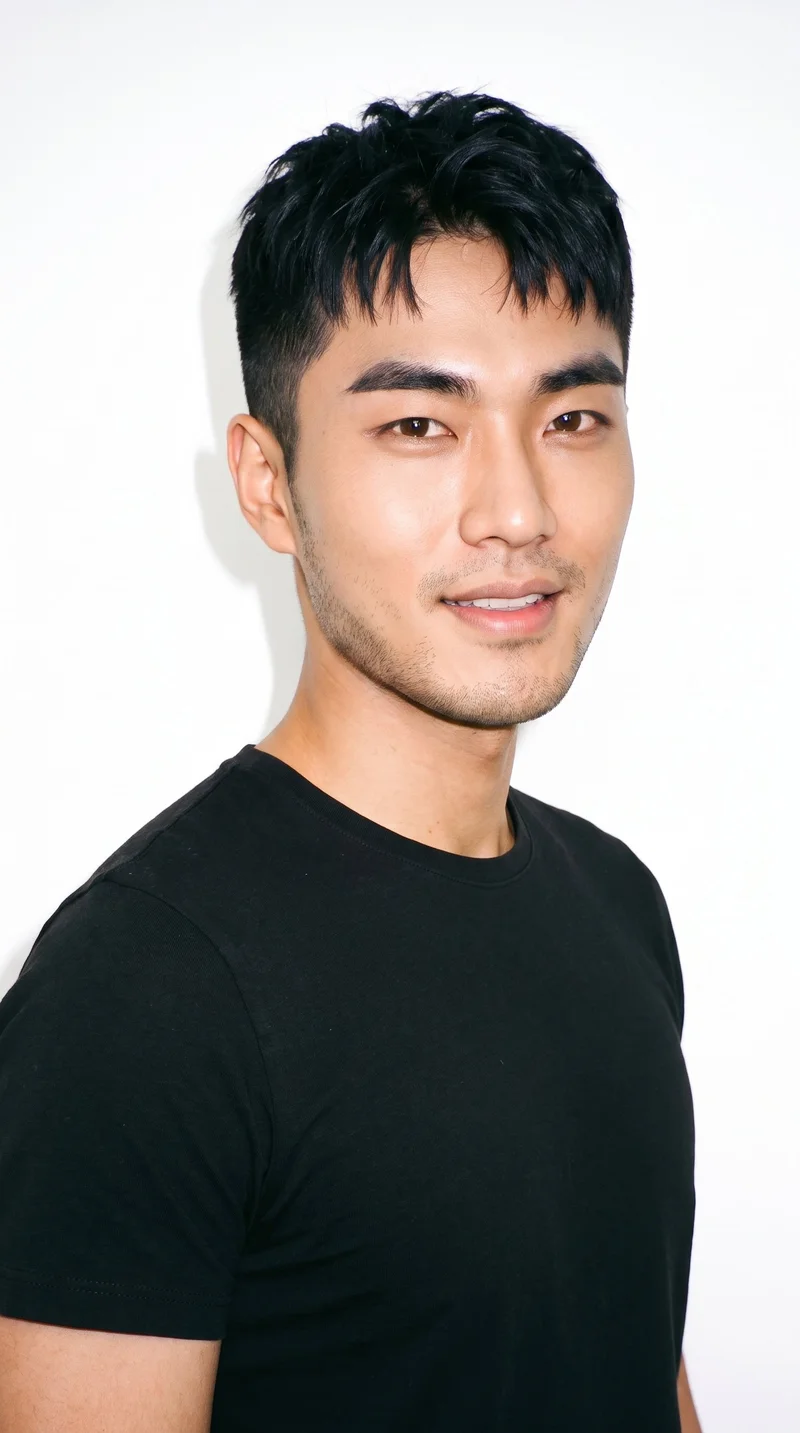 A 24-year-old Korean man with light-tan skin and a cool undertone has an oval face with balanced proportions and a softly rounded jaw. He has thick eyebrows, brown eyes, and thin lips. His black hair is styled in a short textured crop with layered texture on top and closely cut sides, and fine, closely trimmed stubble lightly covers the beard area.