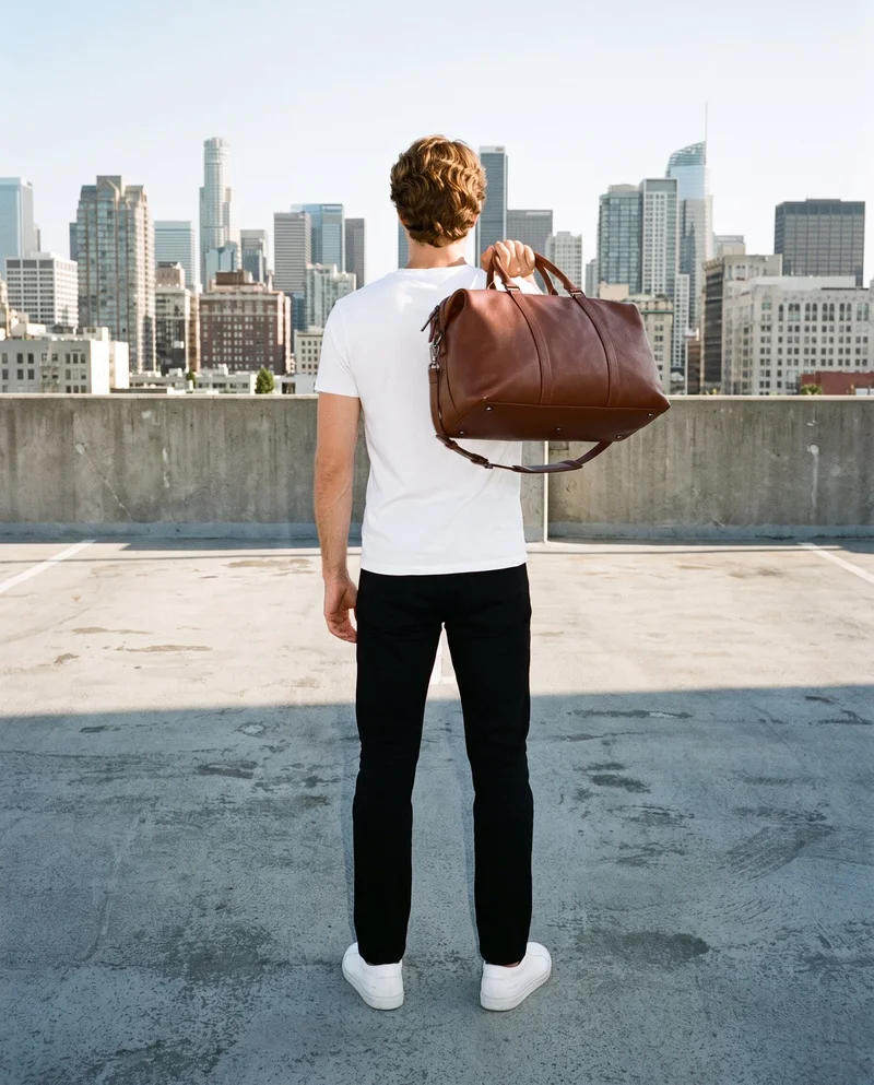 A 28-year-old Caucasian man is shown full body from the rear, carrying a brown leather holdall over his shoulder. The backdrop is a parking garage rooftop.