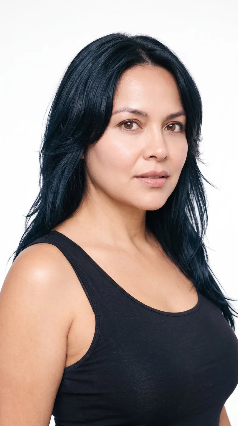 This 47-year-old Hispanic woman has a medium skin tone with a neutral undertone and soft, youthful facial features. Her face has full cheeks and rounded contours, with medium-thickness eyebrows, brown eyes, and thin lips. She wears a layered butterfly cut with shorter face-framing pieces and added volume, in deep black hair.