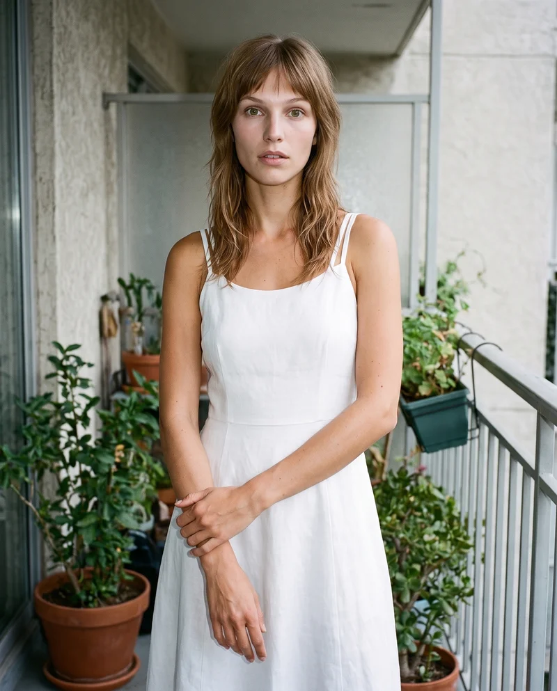 A 23-year-old Caucasian woman wears a white linen midi dress in an environmental composition, viewed from a front three-quarter angle with her arms held low and a curious expression. Balcony plants form the backdrop.