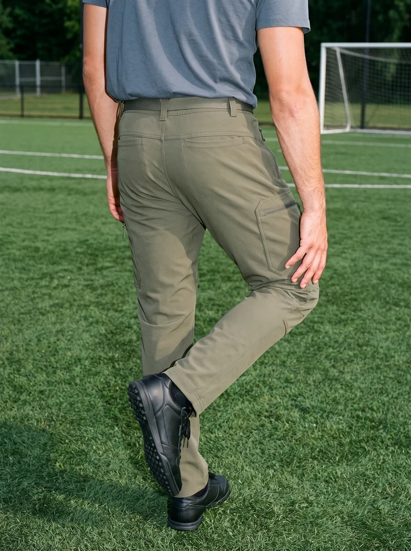 Men's olive softshell hiking trousers shown from the back, framed from the feet to the calves against a soccer pitch backdrop.