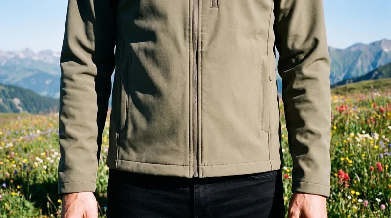 A male model is shown from the hips up in a level front view wearing an olive softshell jacket. A wildflower mountain meadow serves as the backdrop.