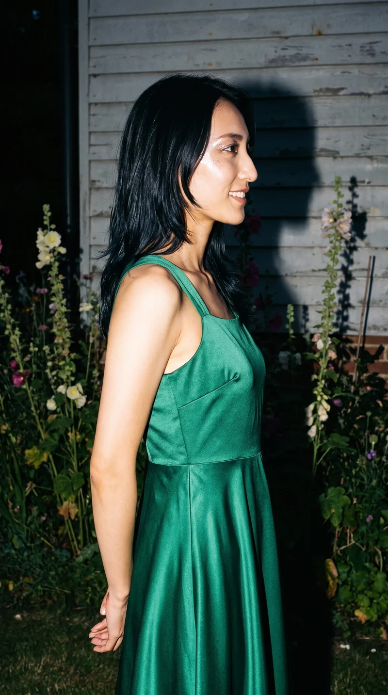Emerald Green Satin Maxi Dress, Upper body at Side, Flash Editorial lighting