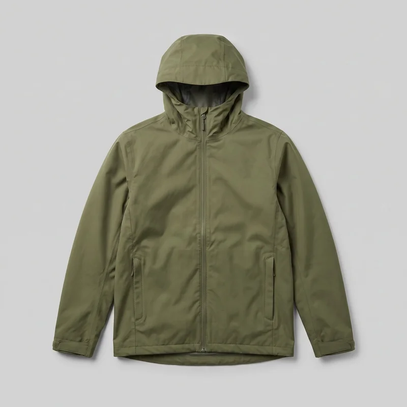 A green men's waterproof jacket is laid flat in a front standalone view, with most of its outline visible. It has a structured hood with a projecting brim, a high stand neckline, a full-length center zipper, long sleeves, vertical panel seams, two lower zip hand pockets, and adjustable tab cuffs. The jacket has a regular fit, hip-length cut, straight front hem, and slightly curved dropped back hem.