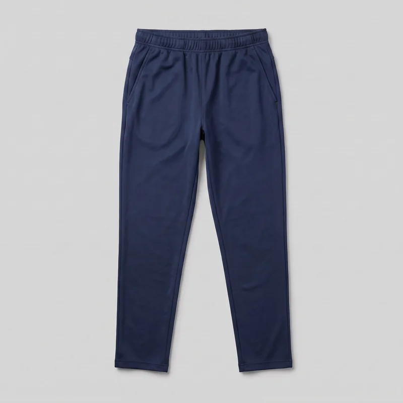Men's navy training joggers laid flat in a complete front view. The pull-on pants have a regular tapered silhouette, mid-rise elastic waistband, diagonal side-entry pockets at both hips, a centered front rise seam, side seam paneling, full-length legs that narrow toward straight stitched hems, and no visible fly, buttons, drawstring, logos, prints, patches, embroidery, or embellishments.