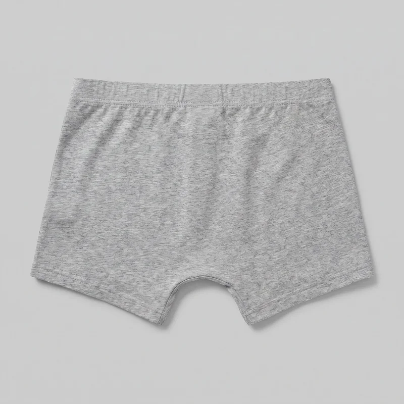 Grey marl men's boxer brief underwear shown as a complete flat product view. The trunks have a wide straight waistband, a horizontal stitched seam below it, vertical upper-front panel seams, a center front seam, curved crotch shaping, and double-stitched hems on the short legs. The fabric has a fine all-over heathered appearance, with no visible logos, prints, patches, embroidery, or embellishments.