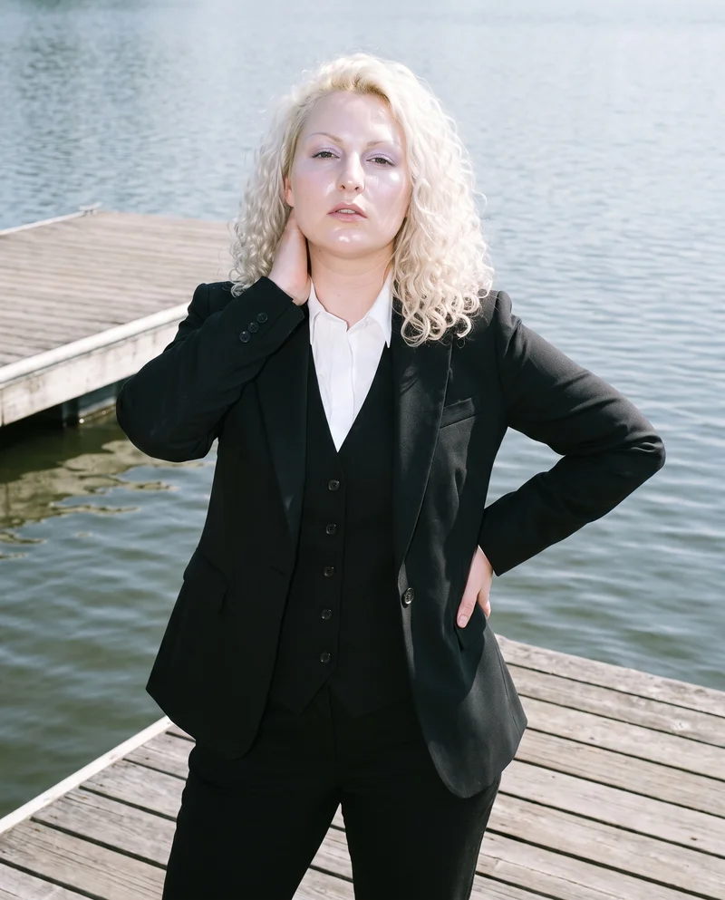 Women's Black Three-Piece Suit, Upper body at Front, Clean Catalog lighting
