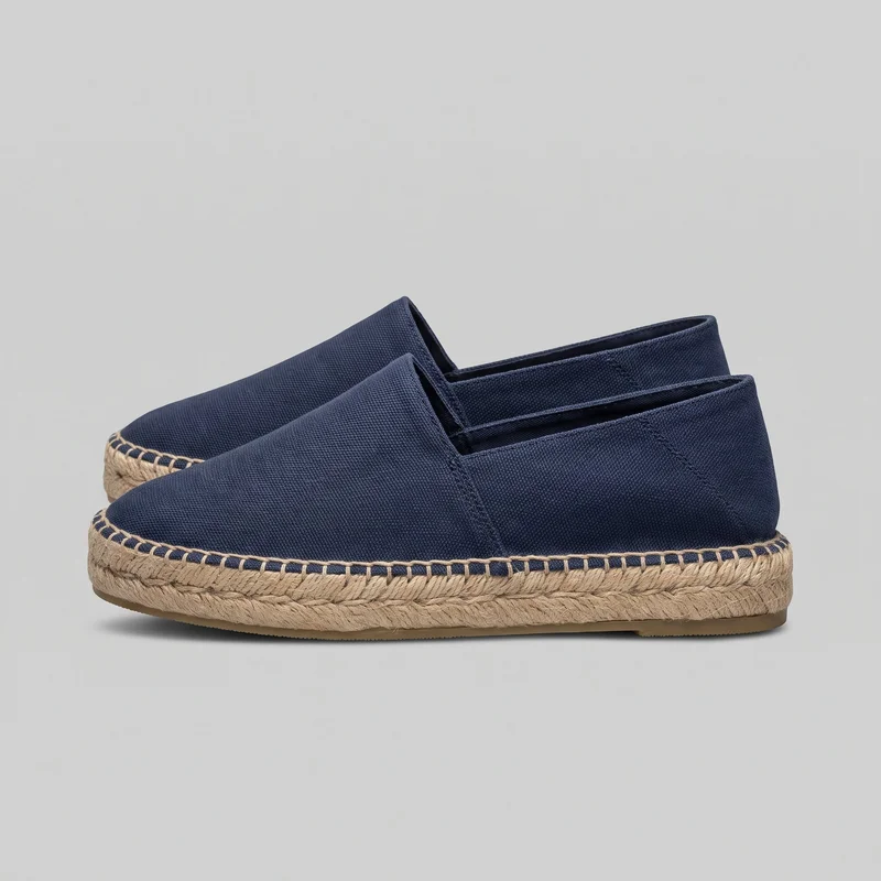 A pair of navy canvas slip-on espadrille flats is shown in a side-angled standalone view. The shoes have closed rounded toes, low-cut openings, paneled uppers with side and heel seams, and no fastening hardware. Their flat soles feature braided rope-wrapped midsoles, contrast blanket-style stitching around the upper edge, and thin outsoles.