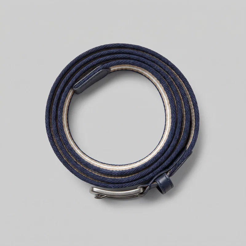 A men's striped woven belt is shown coiled, with most of its slim flat strap visible. The textured strap has lengthwise stripe bands, smooth stitched end tabs, and a keeper loop near the curved buckle, which includes a visible prong and underbar hardware.