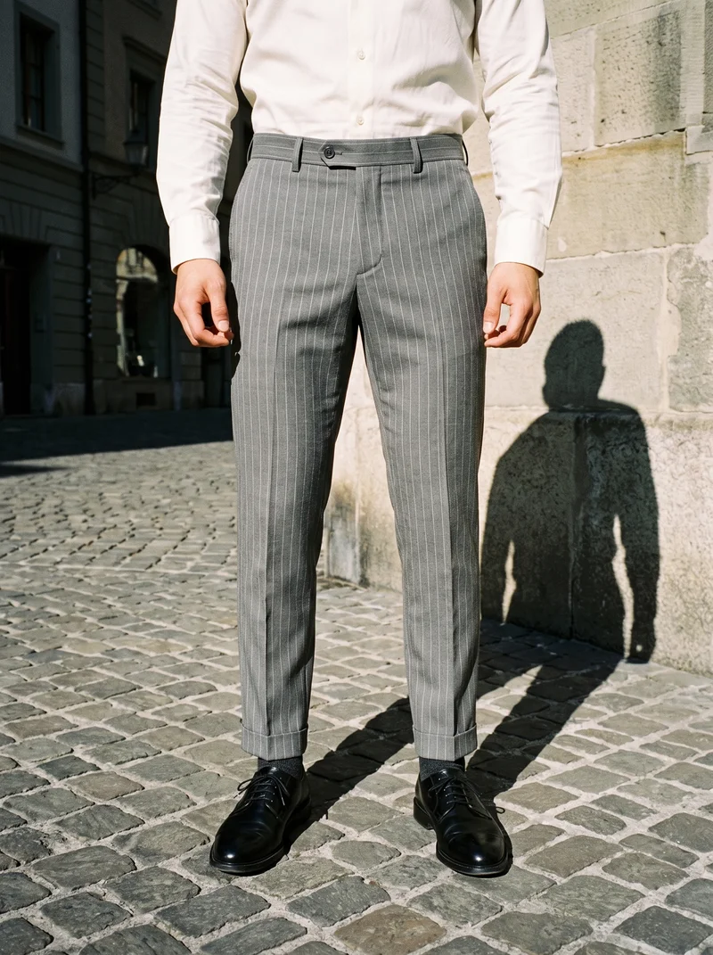Men's Grey Pinstripe Tailored Trousers, Lower body at Front, Flash Editorial lighting