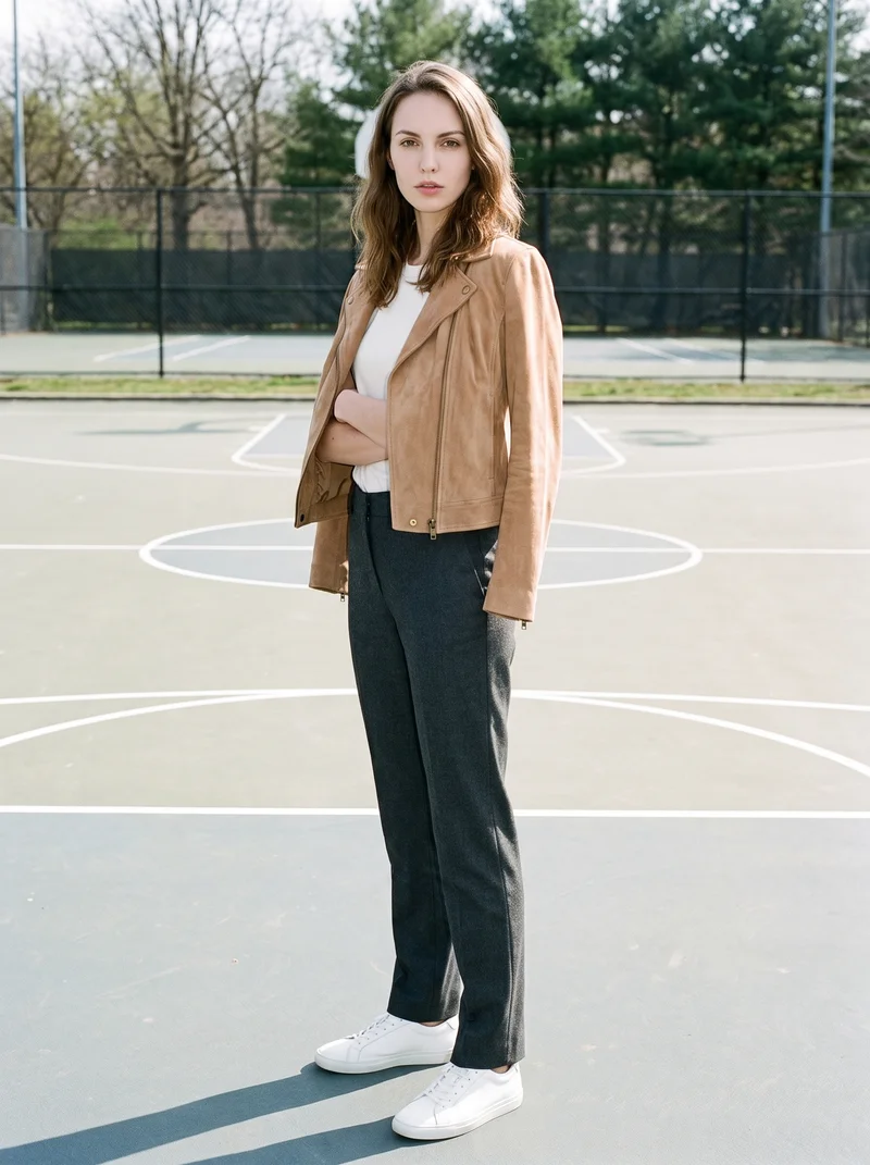 Women's Tan Suede Jacket, Full body at Side, Clean Catalog lighting