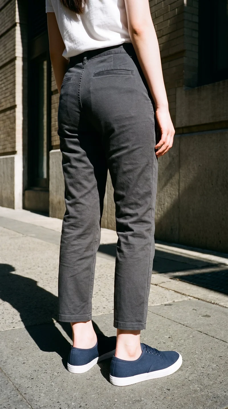 Women's navy canvas sneakers shown from an angled rear view with both feet planted. The lower-body framing places the shoes against a Financial District urban canyon backdrop.