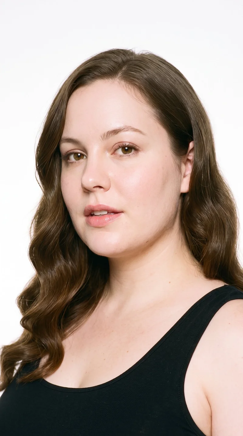 A 30-year-old Caucasian woman with fair skin and a cool undertone has a soft, youthful baby face with full cheeks and rounded contours. Her eyebrows are thin, and her eyes are hazel with green-gold flecks. She has thin lips and brown hair in large, polished waves with a smooth, glamorous finish. No facial hair is recorded.