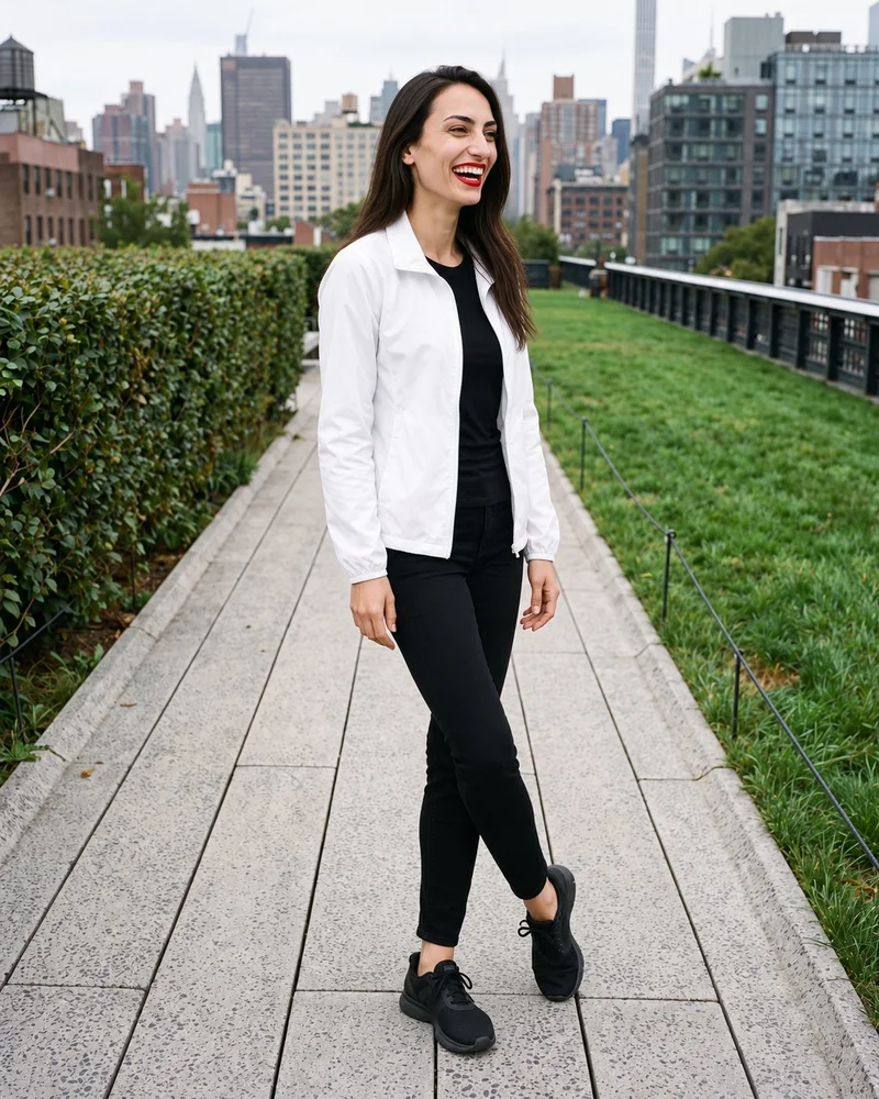 A 20-year-old Turkish woman wears a white windbreaker in a full-body, angled-front view. She is laughing with her ankles crossed, with an elevated park railway backdrop.