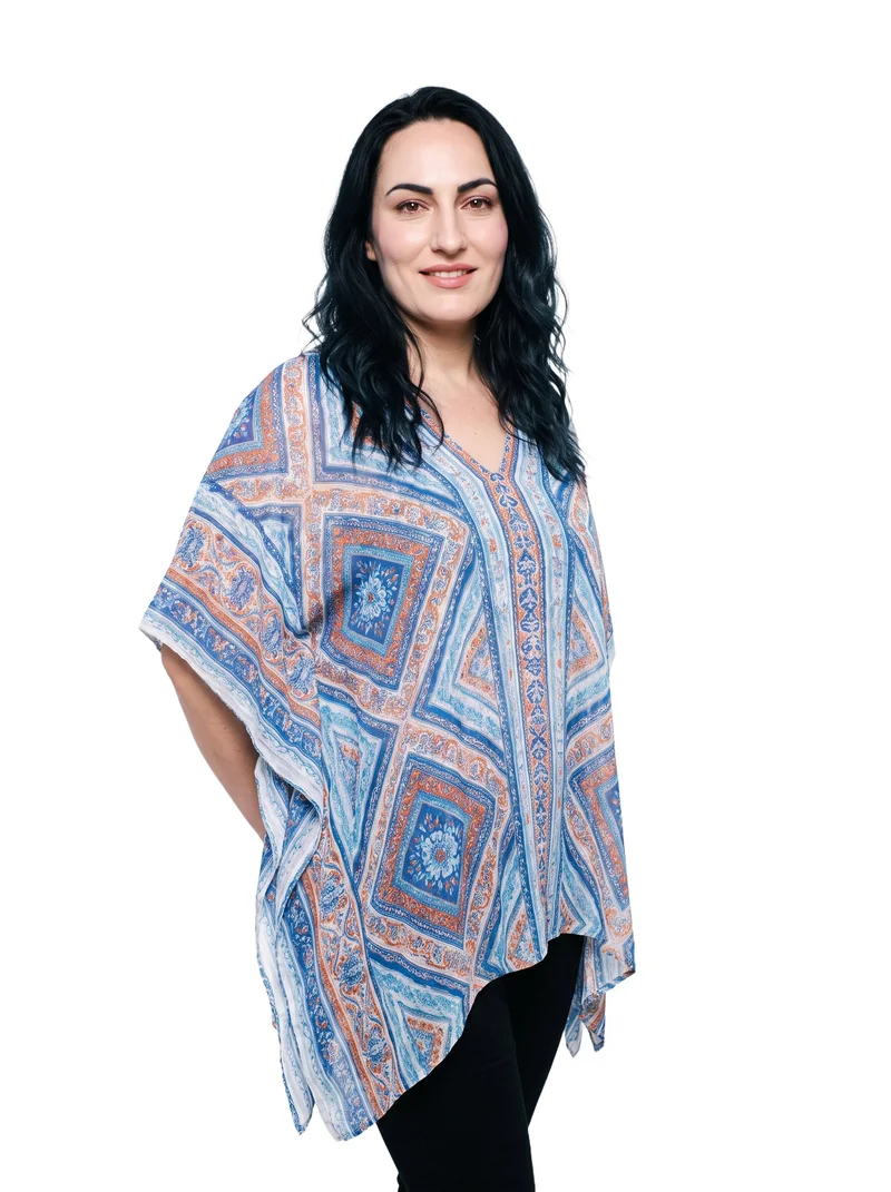 Women's Printed Kaftan Cover-Up, Three-quarter length at Angled front, Studio Cutout lighting