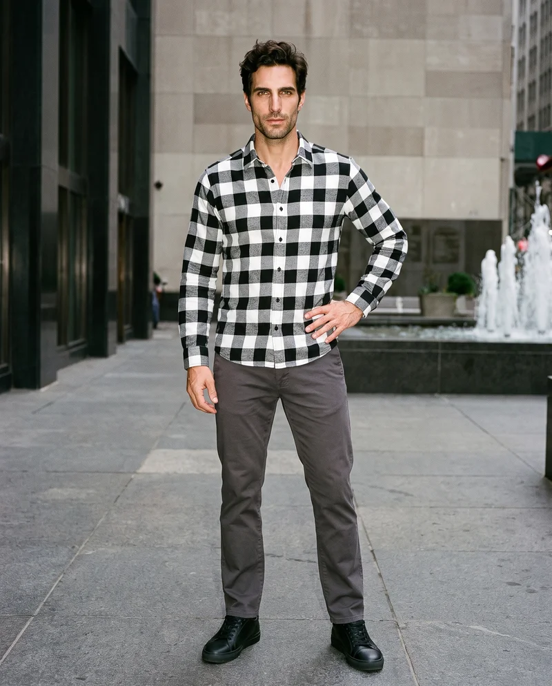A 38-year-old Hispanic man is shown full body from the front wearing a black and white buffalo-check flannel shirt, with one hand on his hip and a natural expression. A Fountain Plaza backdrop is visible behind him.