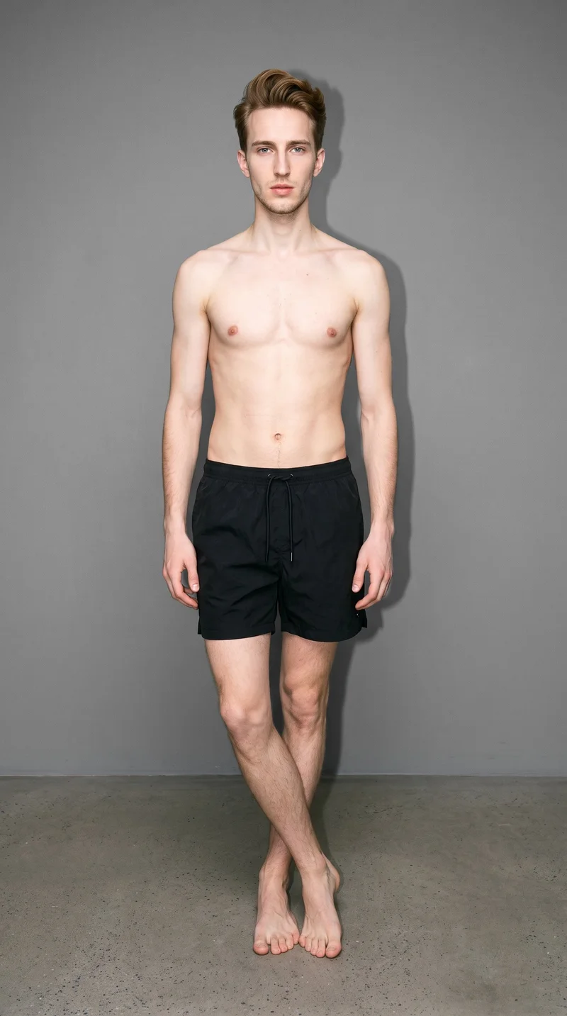 A 20-year-old Caucasian man stands in a full-body front view wearing black swim trunks, with his ankles crossed and a neutral expression. A pebble grey studio-wall backdrop fills the background.