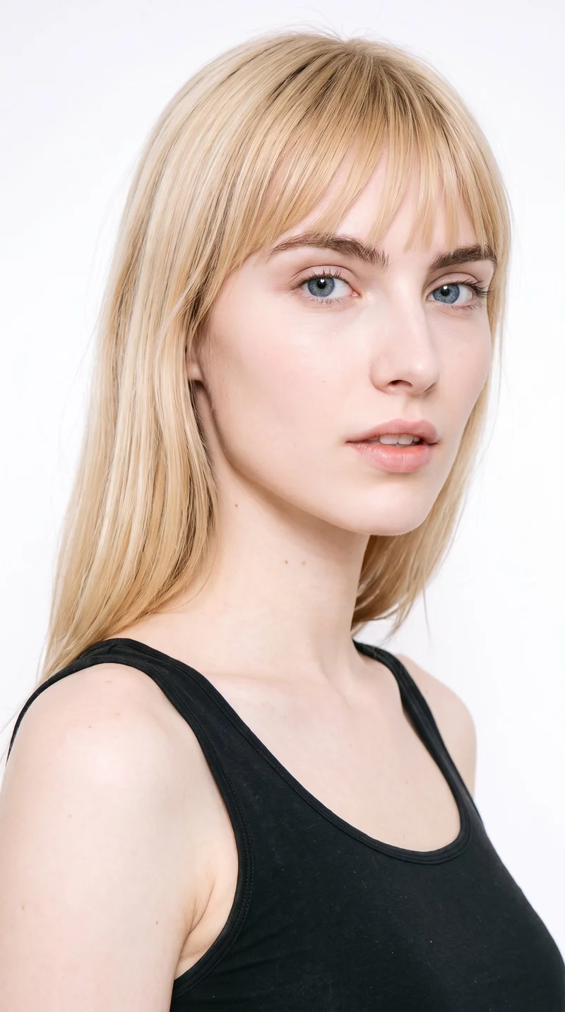 A 21-year-old Slavic woman with a light porcelain skin tone and cool undertone has a doll-like face with large, even features and soft, rounded proportions. Her thick eyebrows frame grey eyes with a cool, clear tone, and she has full lips. Mid-tone blonde hair falls across her forehead in bangs, framing the upper face.