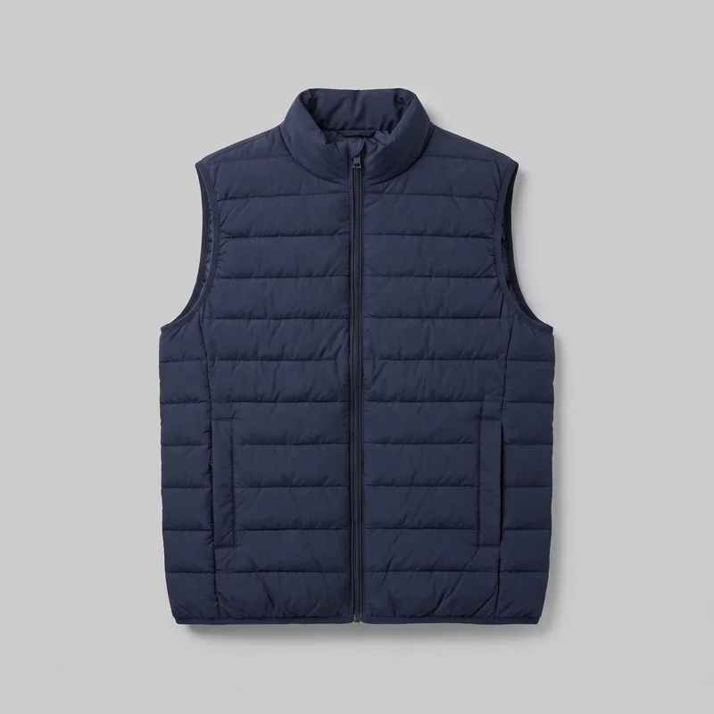 A navy sleeveless padded gilet is shown alone in a mostly complete, centered front view. It has a high stand collar, full-length center zipper, horizontal quilted baffles, broad shoulders, deep bound armholes, vertical side panel seams, a straight hem, and two lower front welt pockets.