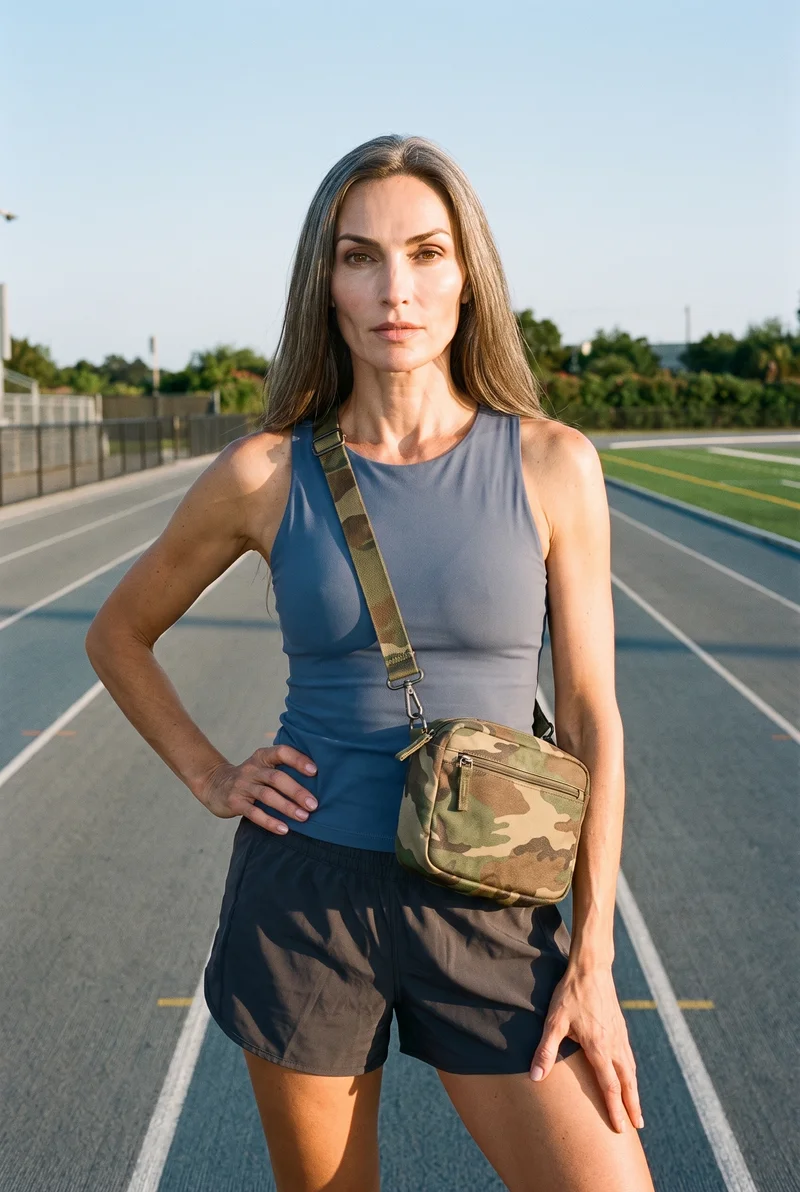 A 51-year-old Slavic woman models a women's camo bum bag in a front-facing three-quarter-length view, standing with one hip out and a neutral expression. A running track forms the backdrop.