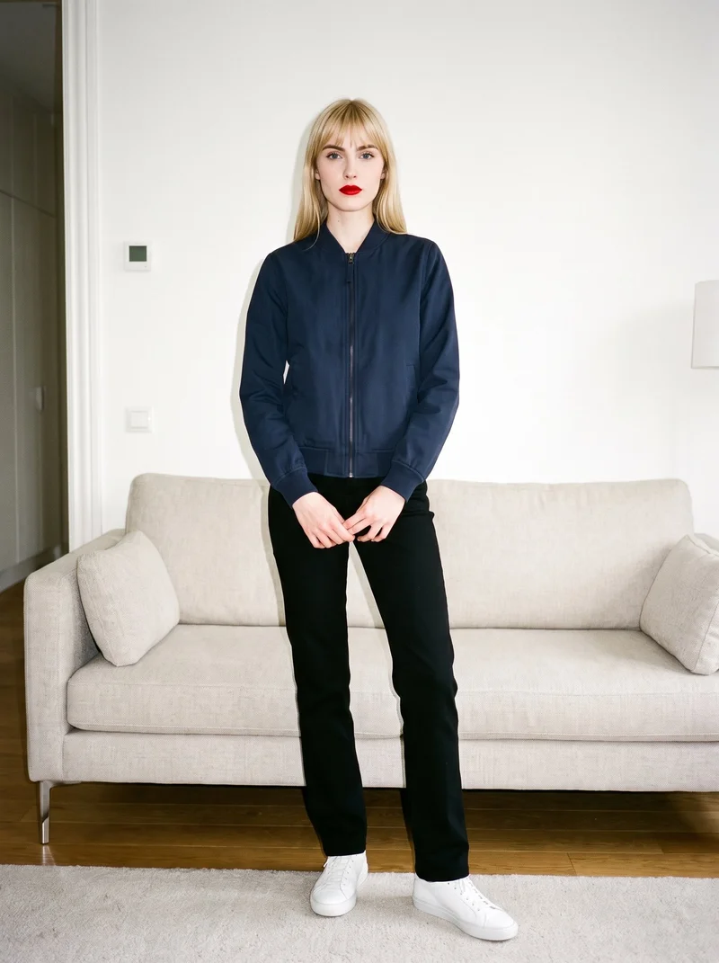 A 21-year-old Slavic woman is shown full length from the front wearing a women's navy bomber jacket. Her hands are held in front, with an editorial facial expression, against a home living room backdrop.