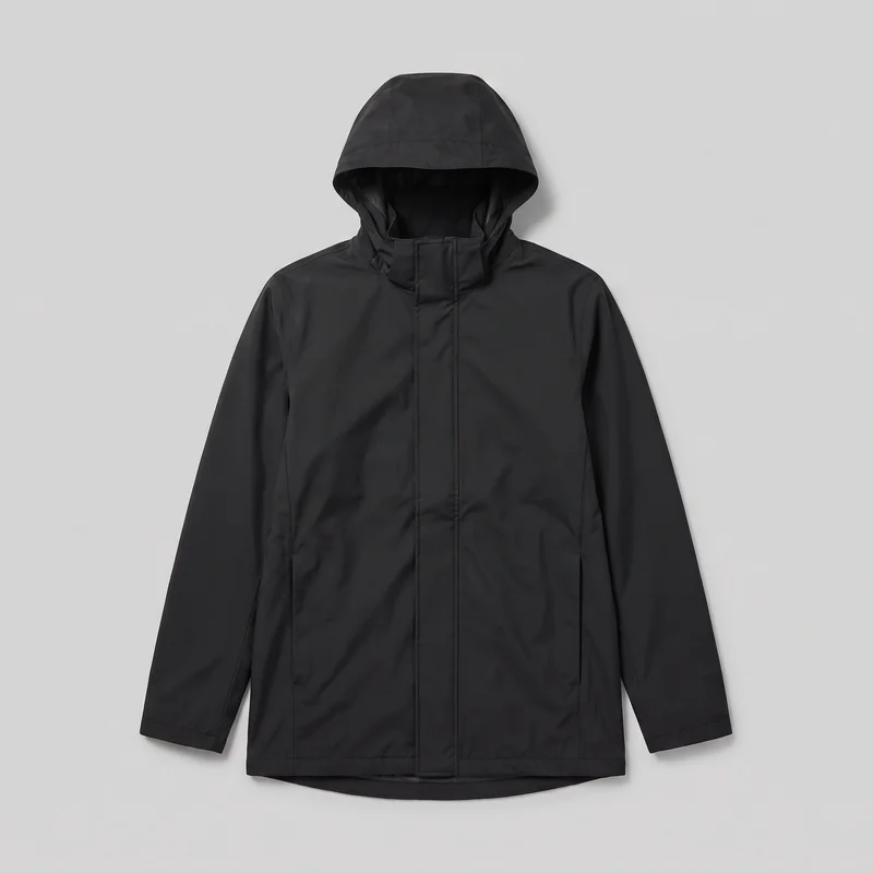 A black hooded raincoat is laid flat in a front standalone view. The full attached hood, high stand neck guard, long sleeves, concealed center-front closure beneath a wide storm placket, vertical front seams, lower hand-pocket openings, and hip-length hem are visible.
