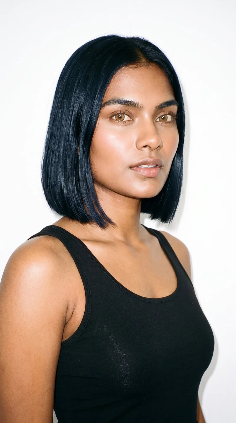 A 26-year-old Indian woman with a South Asian appearance has medium-brown skin with a warm golden undertone and a round face defined by soft, full contours and gentle curves. Her eyebrows are thick, and her eyes are amber with a golden glow. She has medium lips and black hair in a clean, structured bob cut evenly around jaw to chin length.
