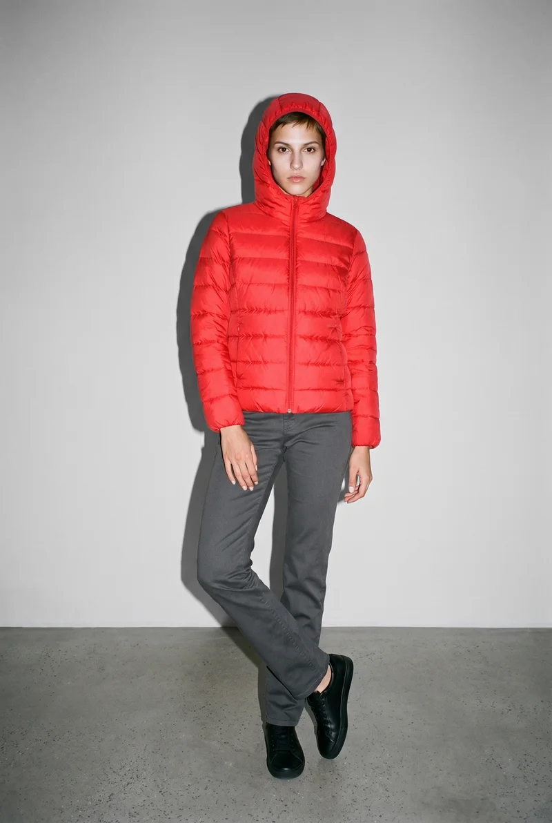 Women's Red Quilted Down Jacket, Full body at Front, Natural E-Commerce lighting