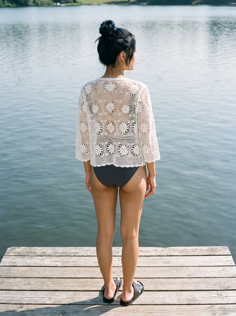 An 18-year-old Southeast Asian woman wears a women's white crochet cover-up in an environmental back view, posed with a waist twist. A lakeside dock serves as the backdrop.