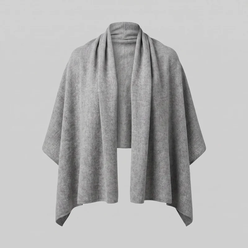 A grey wool shawl-style wrap is draped on a visible mannequin torso from the front. The open front panels hang over the shoulders, with broad vertical sections, wide blanket-like sides, dipped pointed corners, softly curved lower edges, and a heathered woven texture.