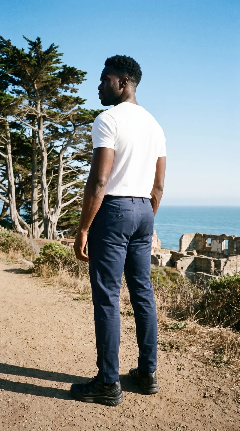 A 36-year-old African male model stands straight in a full-body, angled rear view wearing men's navy chinos. A Coastal Trail Cypress Ruins backdrop is visible behind him.
