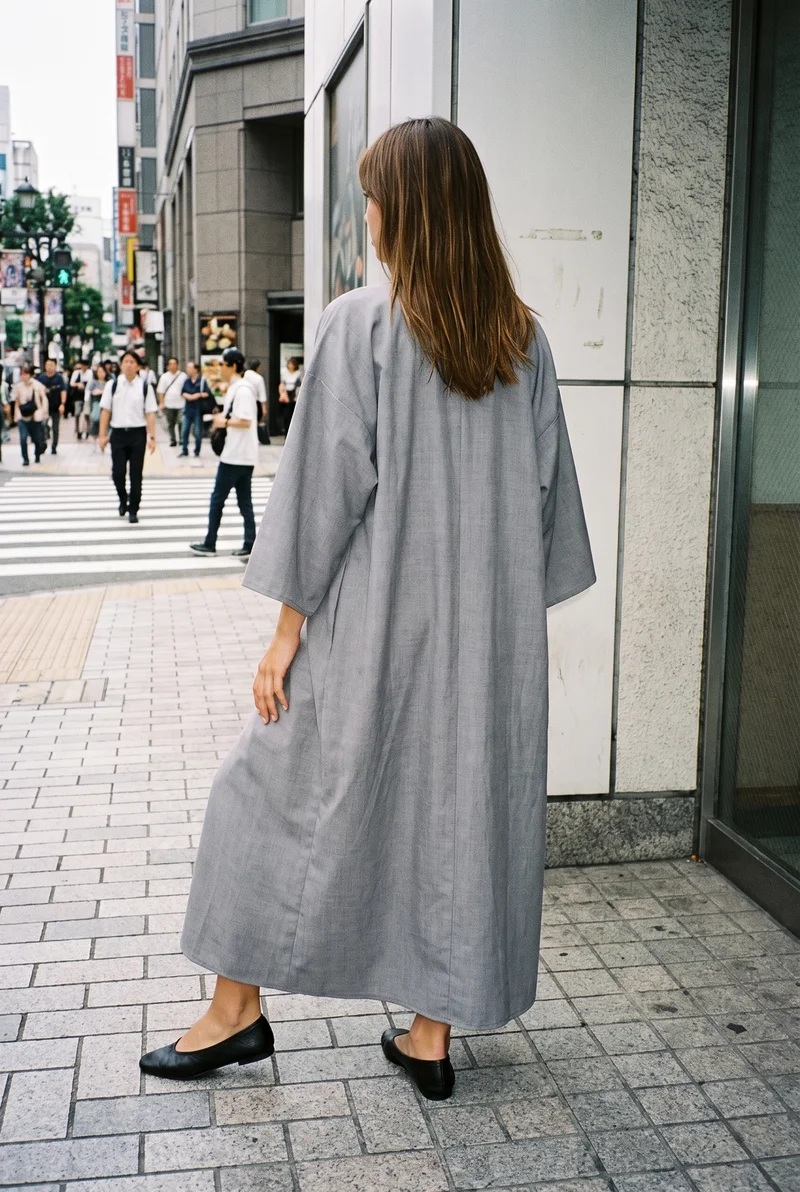 Grey Kimono Abaya, Full body at Back, Natural E-Commerce lighting