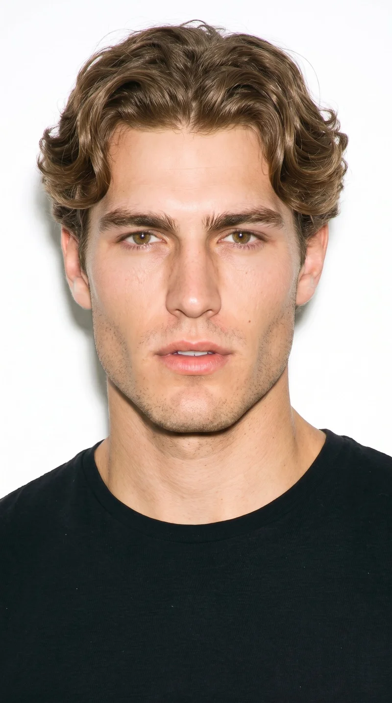 This 24-year-old Caucasian man has a medium skin tone with a warm golden undertone. His square face has a broad forehead, strong defined jaw, and angular, structured features. He has thick eyebrows, hazel eyes with green-gold flecks, and medium lips. His dark-blonde hair falls in soft waves with a natural, relaxed appearance, and fine, closely trimmed stubble lightly covers the beard area.