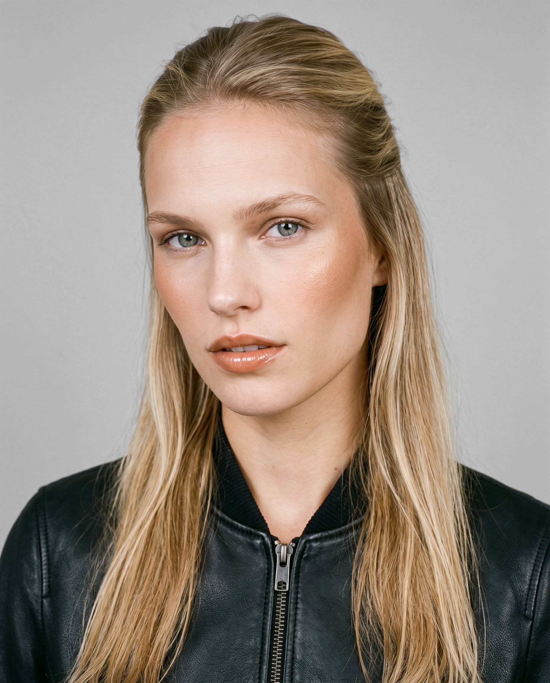 A 20-year-old Caucasian woman wears a black bomber leather jacket in a bust-length, front-facing view. Her head is tilted and her expression is serious, with a Silver Mist studio-wall backdrop.