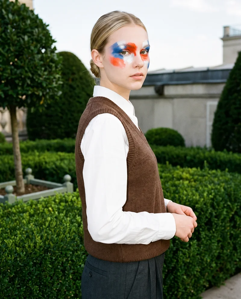 An 18-year-old Caucasian female model wears a brown wool sweater vest in a three-quarter-length side view, with her hands held in front and a neutral expression. A formal rooftop garden serves as the backdrop.