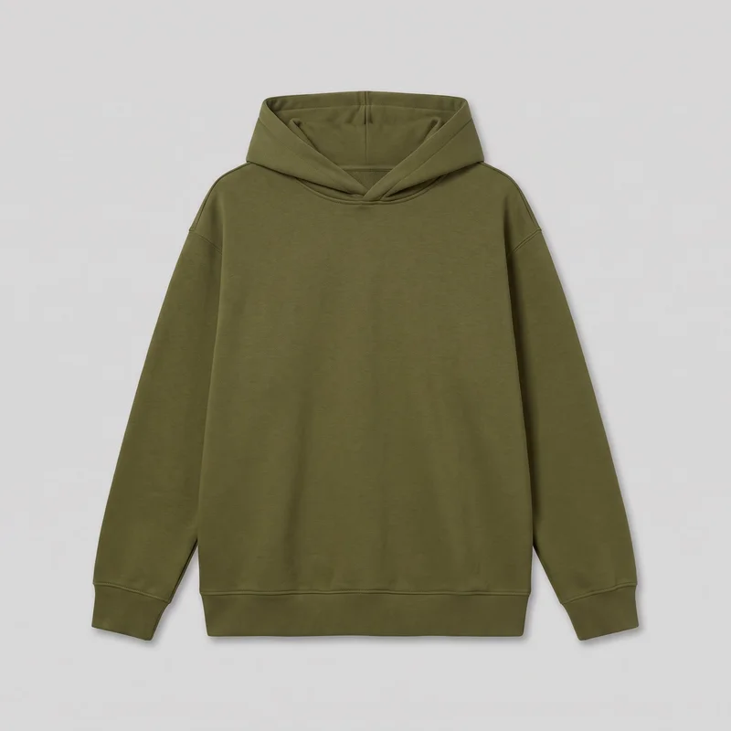 An olive oversized pullover hoodie sweatshirt is laid flat in a mostly complete front view. It has a crossover-style hood opening without a visible drawcord, dropped shoulder seams, long sleeves, ribbed cuffs, and a straight ribbed bottom hem. The plain front has no visible graphics, closures, pockets, logos, or embellishments.