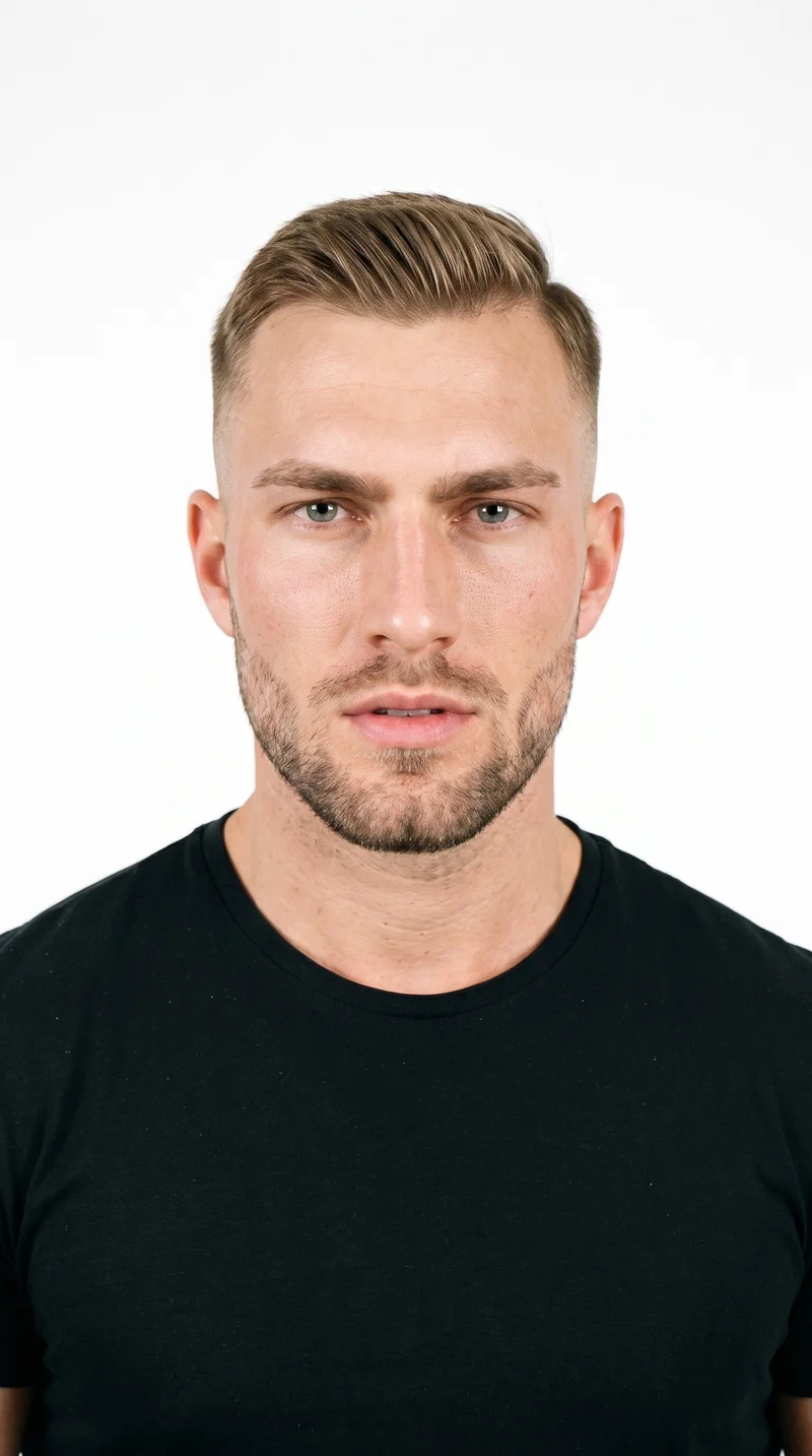 A 22-year-old Caucasian man with fair skin and a peach undertone has a chiseled face with sharp, angular features, a defined jaw, and pronounced cheekbones. His medium-thickness eyebrows frame amber eyes with a golden tone, and he has thin lips. His dark-blonde hair tapers from longer on top to very short sides, blending down to the skin. Dense heavy stubble forms a dark, defined layer across the beard area.