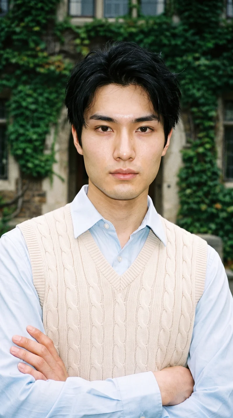 A 19-year-old Japanese male model wears a men's cream cable-knit sweater vest in an upper-body, front-view composition. He is touching his wrist with a confident expression, against an ivy-covered building backdrop.