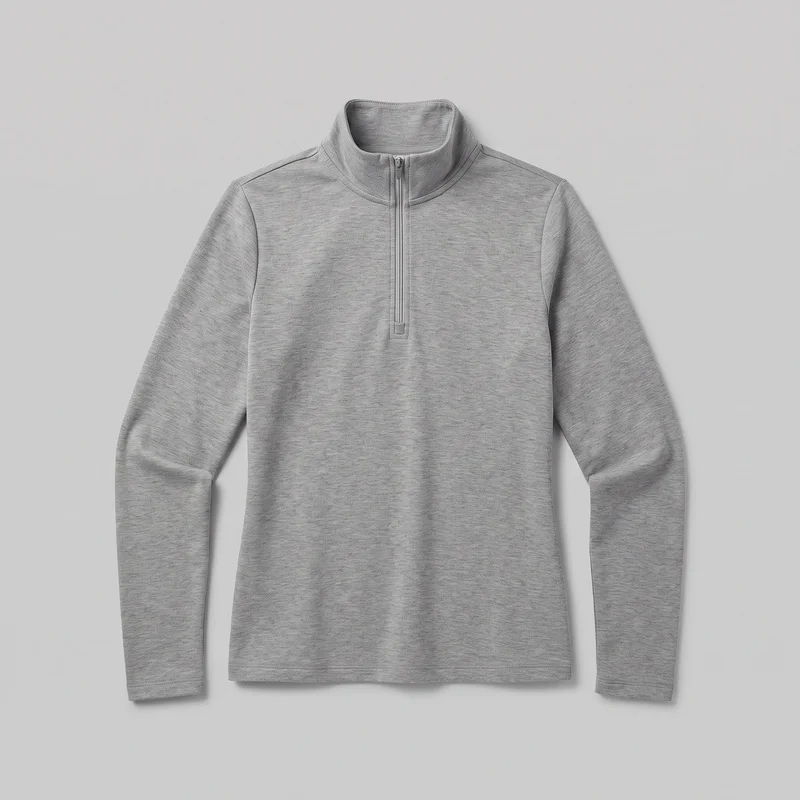 A grey women's long-sleeve quarter-zip pullover is shown from the front as a standalone product view. It has a high stand collar, a short center-front zipper extending to the upper chest, curved collar and upper-chest seams, visible shoulder topstitching, set-in sleeves, and a straight hem.
