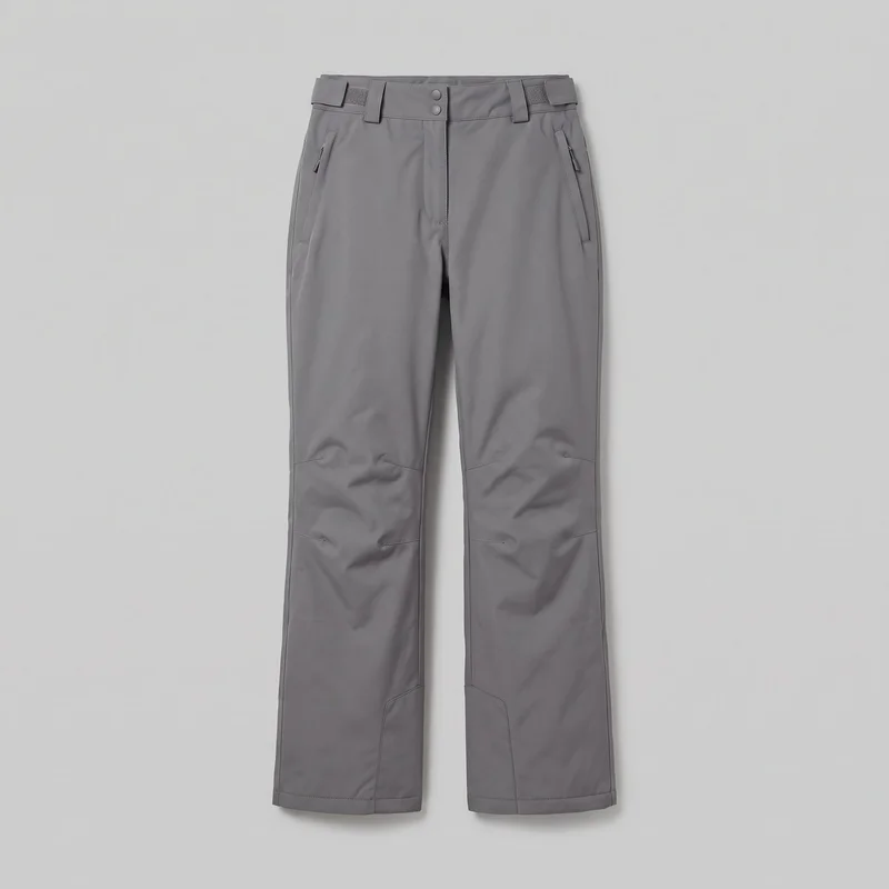 Grey waterproof women's ski trousers shown in a full front standalone view from the waistband to the hems. The trousers have a structured waistband with belt loops, adjustable side tabs, a centered fly placket, two stacked waist snaps, angled zip pockets at the upper hips, and visible panel seams running down the legs.
