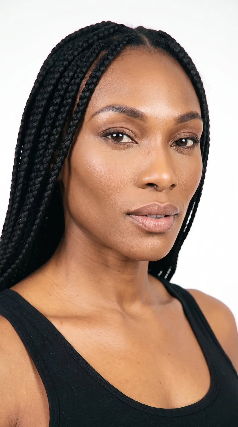 A 42-year-old African woman with medium-brown skin and a cool undertone. Her diamond-shaped face has a narrow forehead and jaw, with the greatest width at the cheekbones. She has thick eyebrows, brown eyes, and medium-sized lips. Her black hair is styled in long knotless braids with a smooth transition from the roots and no visible knots.