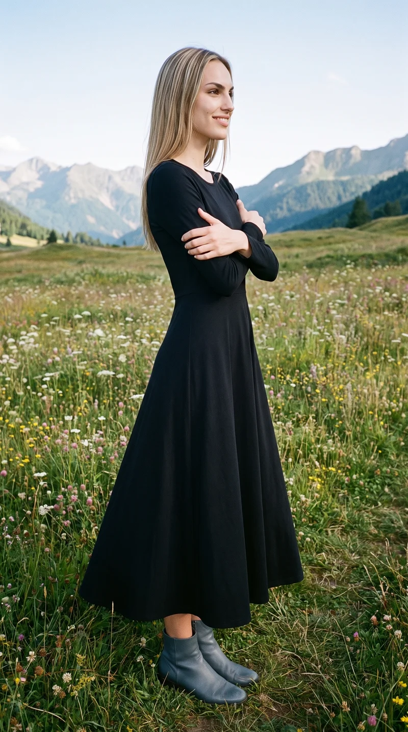 A 19-year-old Caucasian woman wears a black modest maxi dress in a full-body side view. She is smiling and holding herself in a self-hug pose, with a wildflower mountain meadow backdrop.