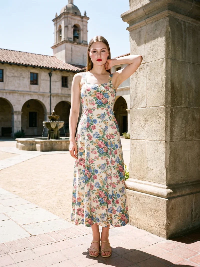 A 25-year-old Caucasian woman is shown full body from the front wearing a floral print maxi dress, with one hand behind her neck and a natural facial expression. The Mission Courtyard Bell Fountain appears as the backdrop.